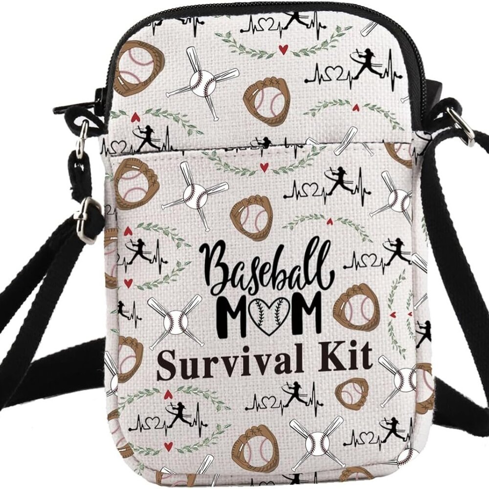 Baseball Mom Survival Kit Crossbody Bag - White Baseball Print
